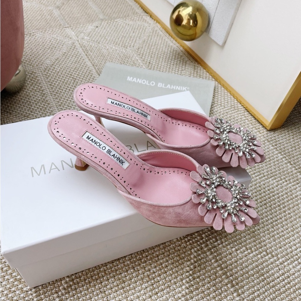 Manolo Blahnik Pink Suede Flower Crystal Buckle Mules heels - Picture 2 of 5